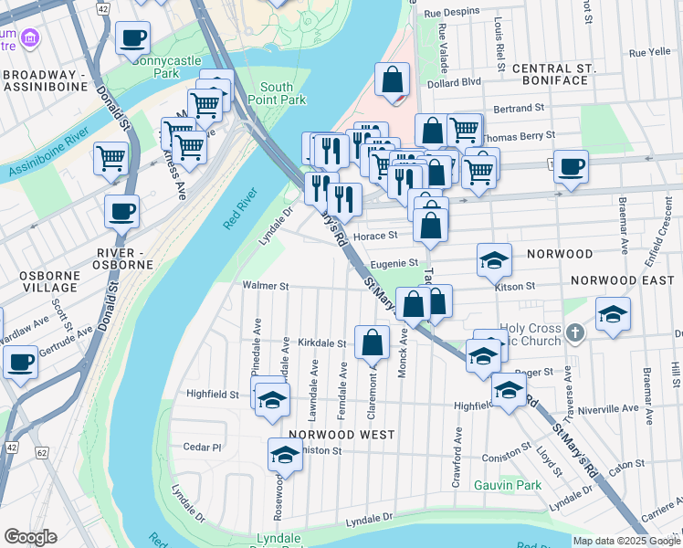 map of restaurants, bars, coffee shops, grocery stores, and more near 231 Ferndale Avenue in Winnipeg