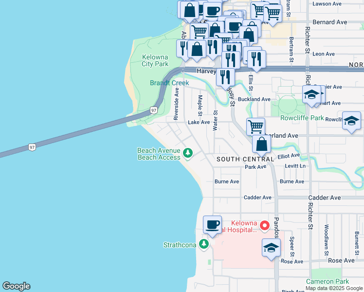 map of restaurants, bars, coffee shops, grocery stores, and more near 197 Vimy Avenue in Kelowna
