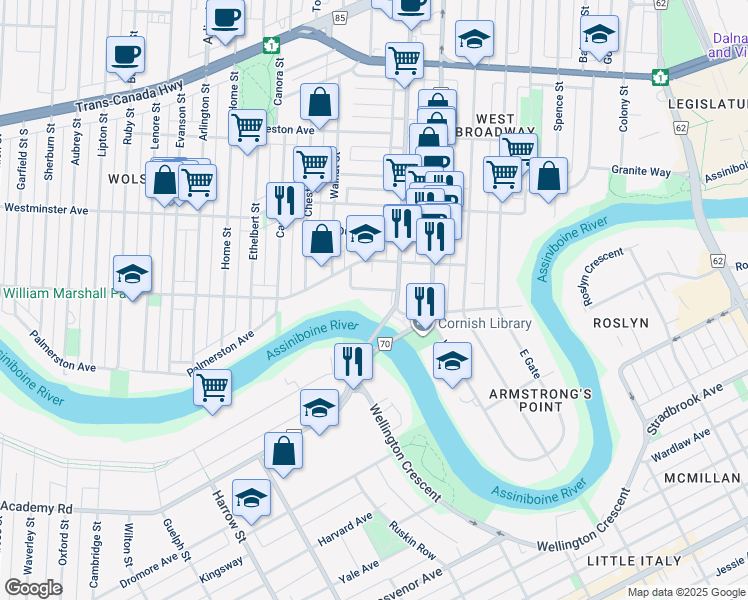 map of restaurants, bars, coffee shops, grocery stores, and more near 36 Woodrow Place in Winnipeg