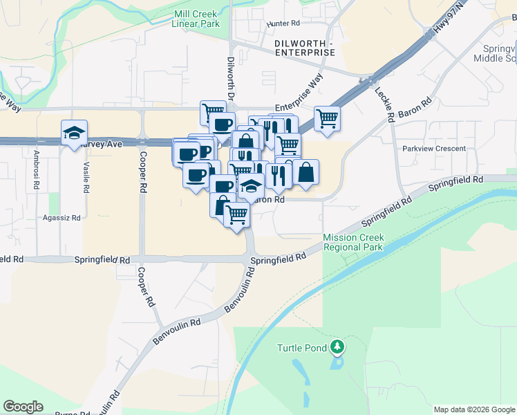 map of restaurants, bars, coffee shops, grocery stores, and more near 2388 Baron Road in Kelowna
