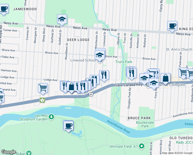 map of restaurants, bars, coffee shops, grocery stores, and more near 224 Linwood Street in Winnipeg