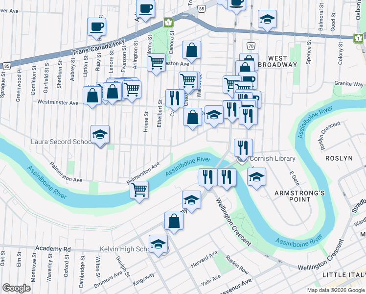 map of restaurants, bars, coffee shops, grocery stores, and more near 812 Wolseley Avenue in Winnipeg