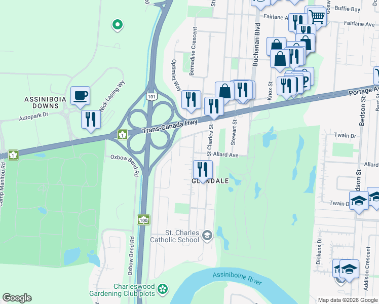 map of restaurants, bars, coffee shops, grocery stores, and more near 500 Gagnon Street in Winnipeg