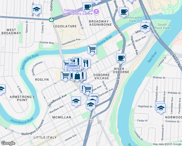 map of restaurants, bars, coffee shops, grocery stores, and more near 111 Bryce Street in Winnipeg