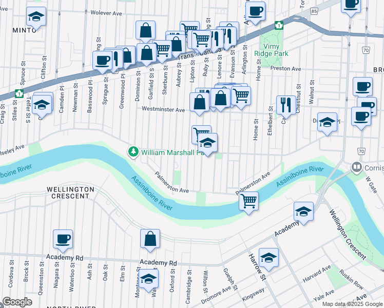 map of restaurants, bars, coffee shops, grocery stores, and more near 984 Wolseley Avenue in Winnipeg