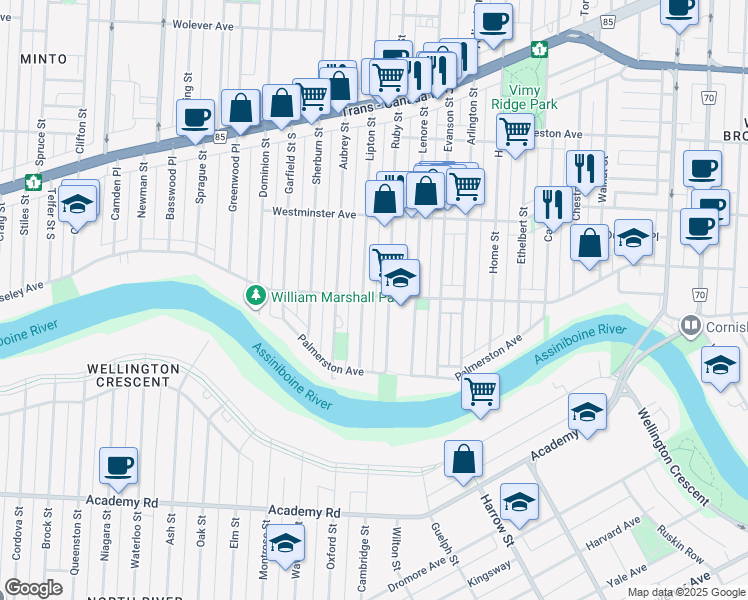 map of restaurants, bars, coffee shops, grocery stores, and more near 74 Ruby Street in Winnipeg
