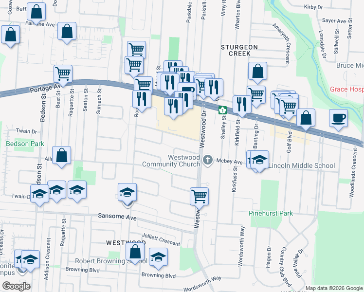 map of restaurants, bars, coffee shops, grocery stores, and more near 23 Amundsen Bay in Winnipeg