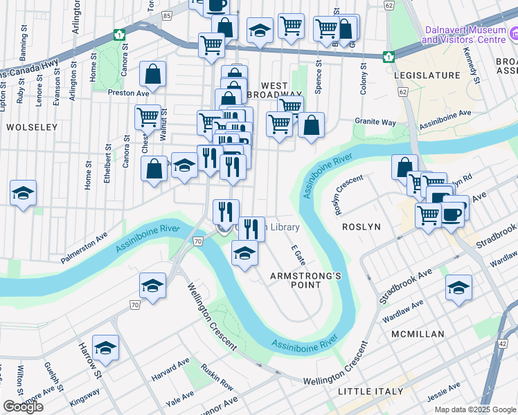map of restaurants, bars, coffee shops, grocery stores, and more near 11 Furby Street in Winnipeg