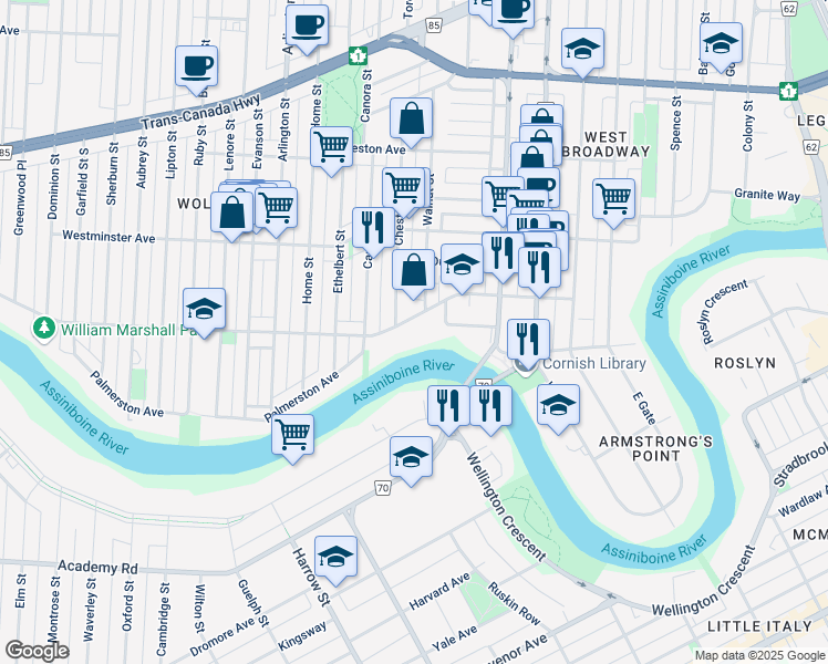 map of restaurants, bars, coffee shops, grocery stores, and more near 800 Wolseley Avenue in Winnipeg