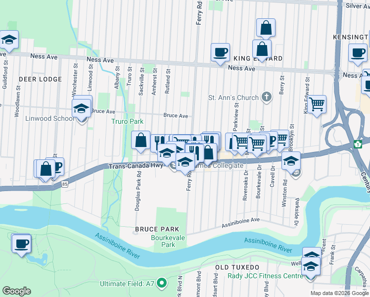 map of restaurants, bars, coffee shops, grocery stores, and more near 1881 Portage Avenue in Winnipeg