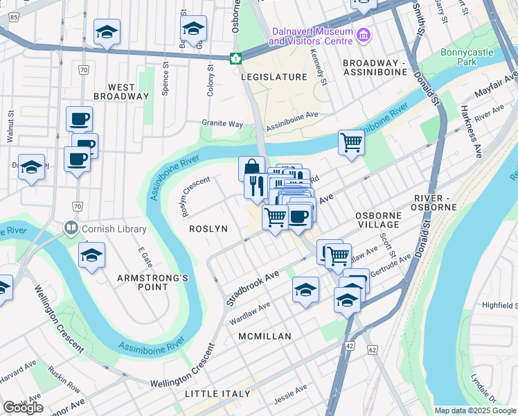 map of restaurants, bars, coffee shops, grocery stores, and more near 499 River Avenue in Winnipeg