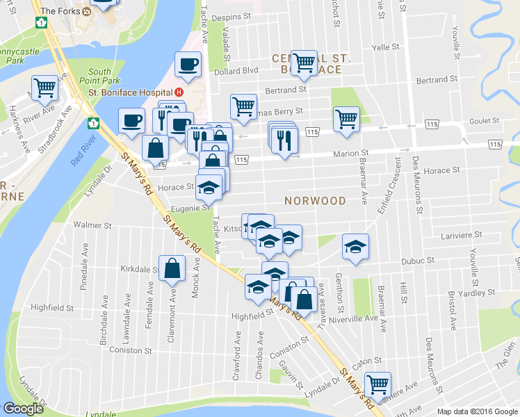 map of restaurants, bars, coffee shops, grocery stores, and more near 176 Eugenie Street in Winnipeg