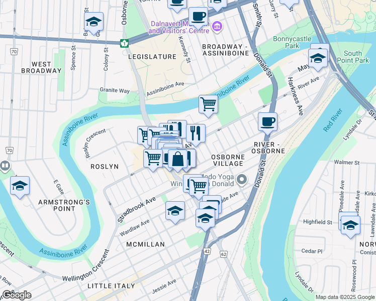 map of restaurants, bars, coffee shops, grocery stores, and more near 424 River Avenue in Winnipeg