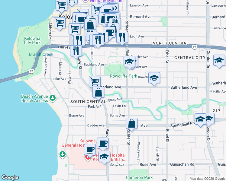 map of restaurants, bars, coffee shops, grocery stores, and more near 575 Sutherland Avenue in Kelowna