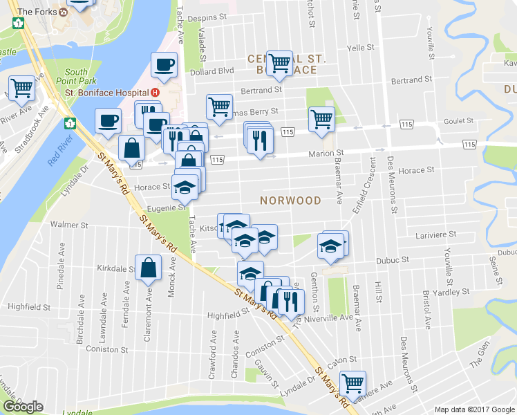 map of restaurants, bars, coffee shops, grocery stores, and more near 200 Eugenie Street in Winnipeg