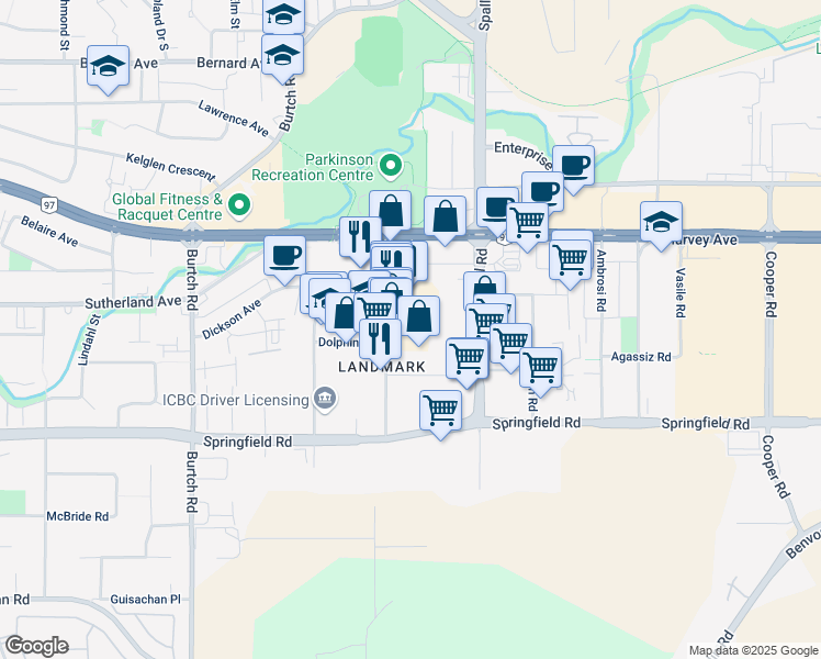 map of restaurants, bars, coffee shops, grocery stores, and more near 1855 Kirschner Road in Kelowna