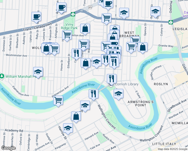 map of restaurants, bars, coffee shops, grocery stores, and more near 58 Woodrow Place in Winnipeg