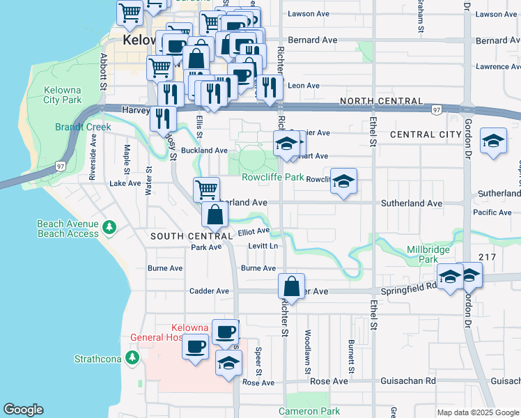 map of restaurants, bars, coffee shops, grocery stores, and more near 613 Sutherland Avenue in Kelowna