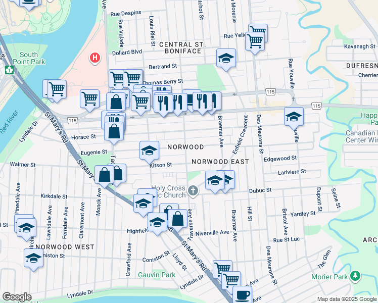map of restaurants, bars, coffee shops, grocery stores, and more near in Winnipeg