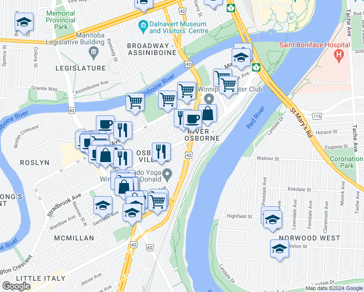 map of restaurants, bars, coffee shops, grocery stores, and more near in Winnipeg