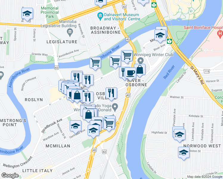map of restaurants, bars, coffee shops, grocery stores, and more near in Winnipeg