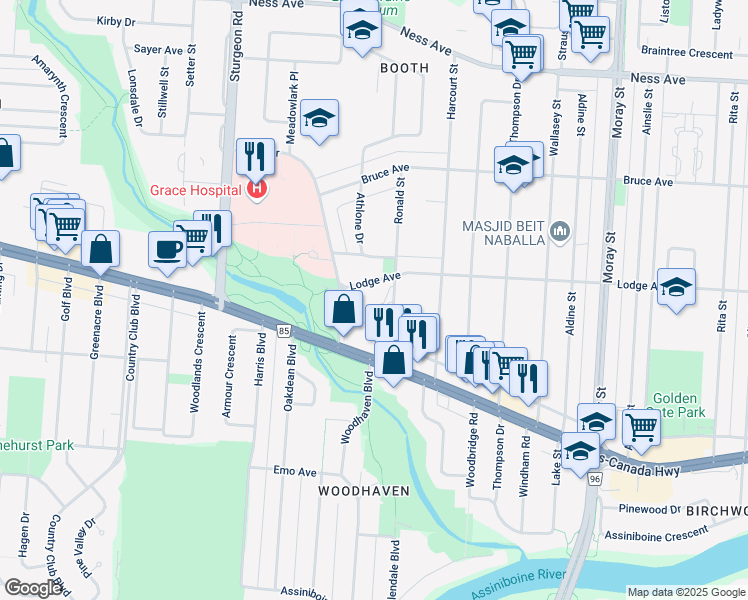 map of restaurants, bars, coffee shops, grocery stores, and more near 234 Ronald Street in Winnipeg