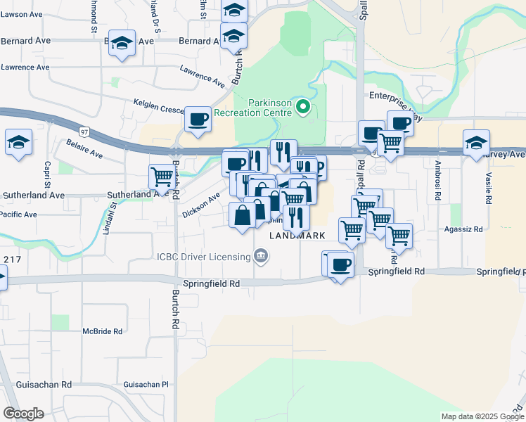 map of restaurants, bars, coffee shops, grocery stores, and more near 140-1735 Dolphin Avenue in Kelowna