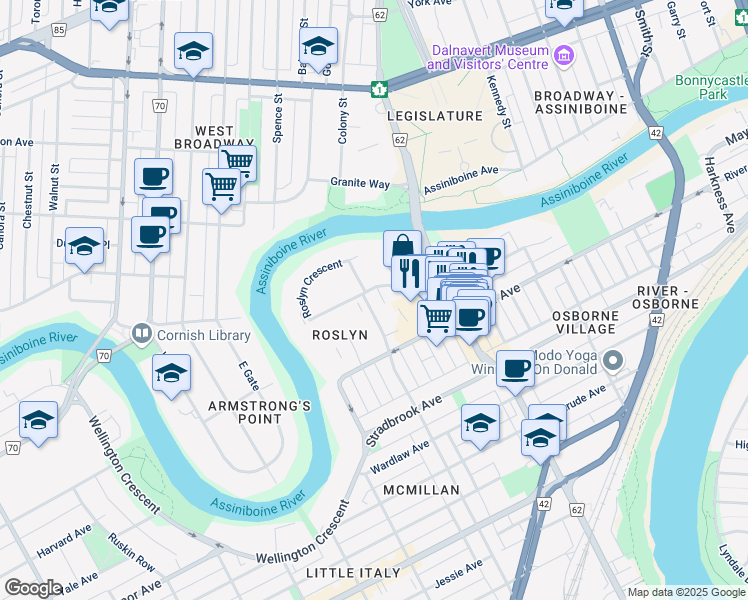 map of restaurants, bars, coffee shops, grocery stores, and more near 188 Roslyn Road in Winnipeg