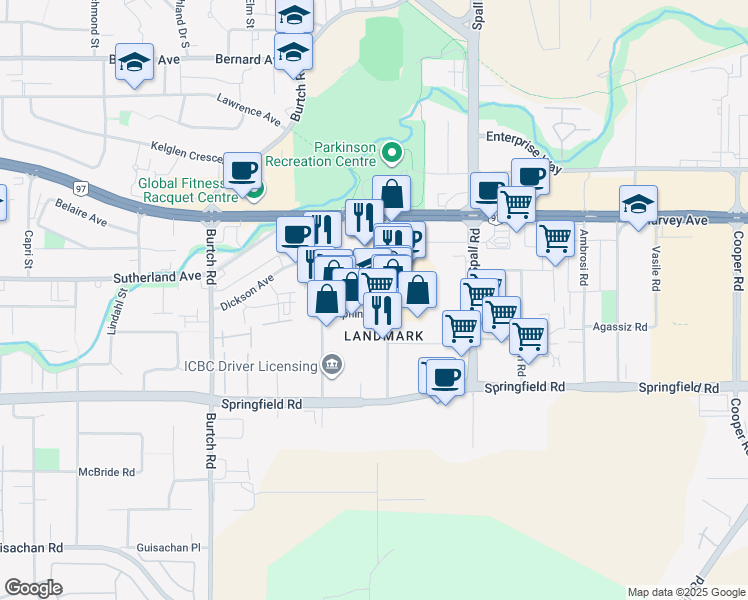 map of restaurants, bars, coffee shops, grocery stores, and more near 1726 Dolphin Avenue in Kelowna