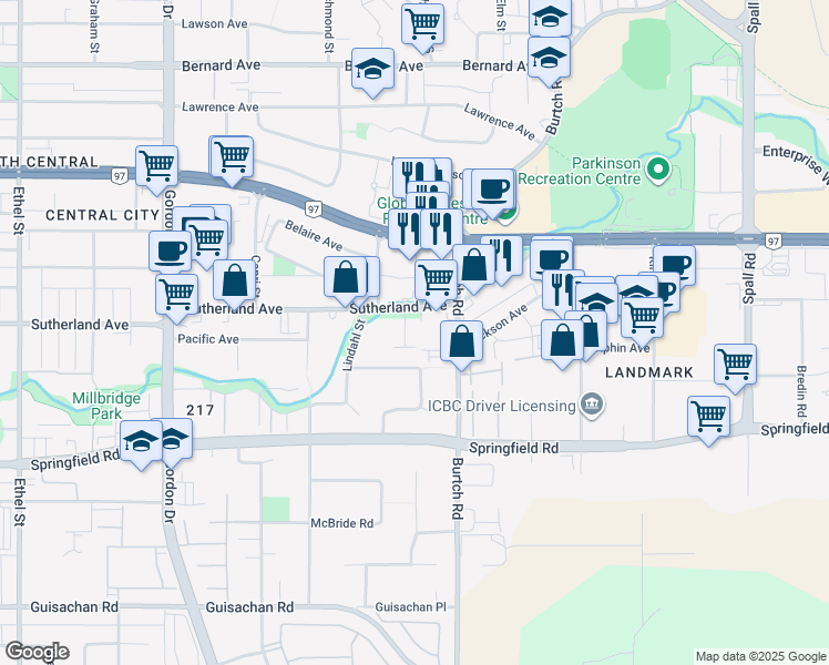 map of restaurants, bars, coffee shops, grocery stores, and more near 1441 Sutherland Avenue in Kelowna