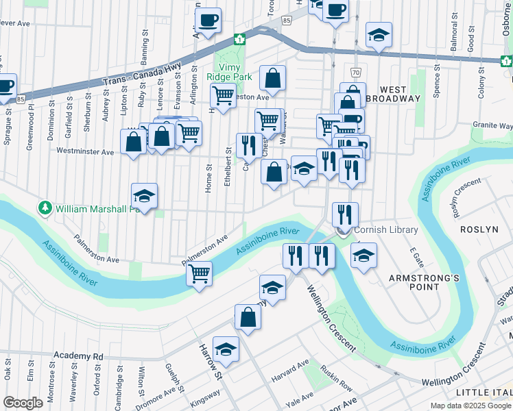 map of restaurants, bars, coffee shops, grocery stores, and more near 58 Chestnut Street in Winnipeg