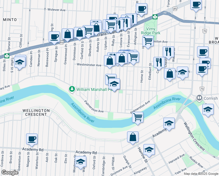 map of restaurants, bars, coffee shops, grocery stores, and more near 74 Ruby Street in Winnipeg