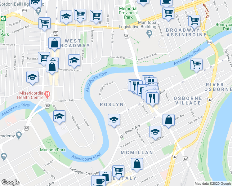 map of restaurants, bars, coffee shops, grocery stores, and more near 229 Roslyn Rd in Winnipeg