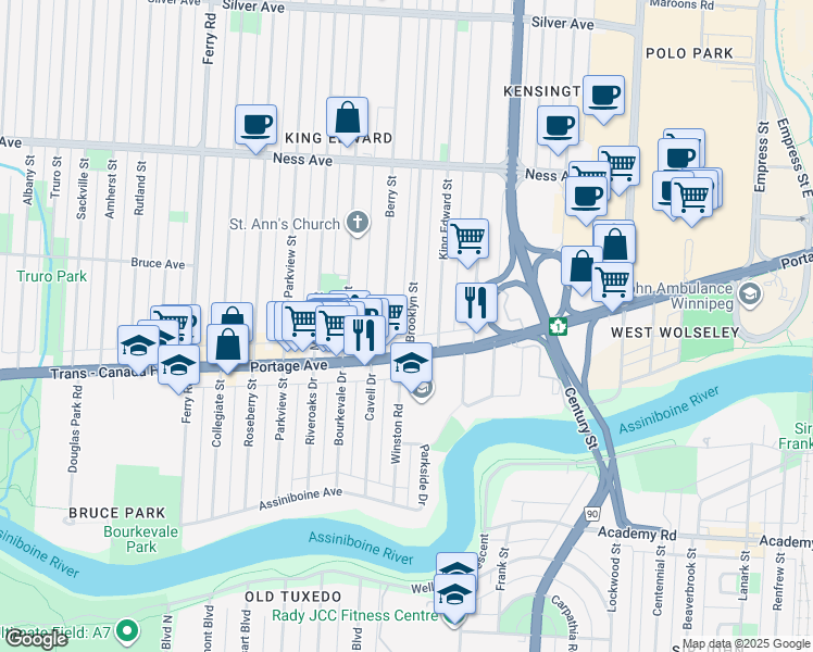 map of restaurants, bars, coffee shops, grocery stores, and more near 204 Brooklyn Street in Winnipeg