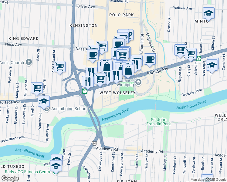 map of restaurants, bars, coffee shops, grocery stores, and more near 535 Richmond Street in Winnipeg