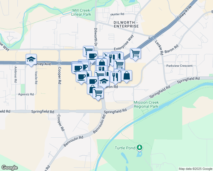 map of restaurants, bars, coffee shops, grocery stores, and more near 2388 Baron Road in Kelowna