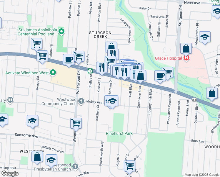 map of restaurants, bars, coffee shops, grocery stores, and more near Banting Drive in Winnipeg