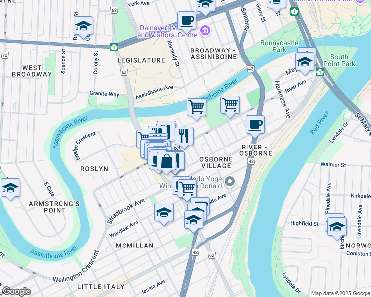 map of restaurants, bars, coffee shops, grocery stores, and more near 400 River Avenue in Winnipeg