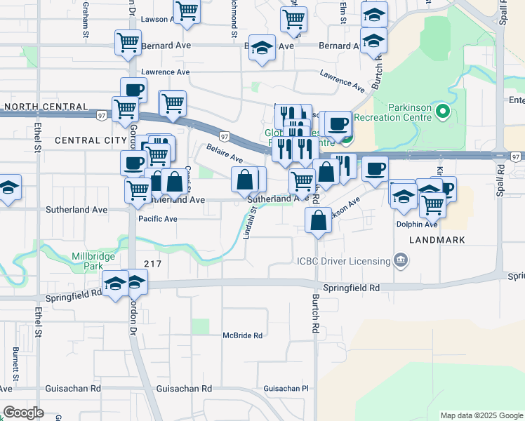 map of restaurants, bars, coffee shops, grocery stores, and more near 1903 Lindahl Street in Kelowna