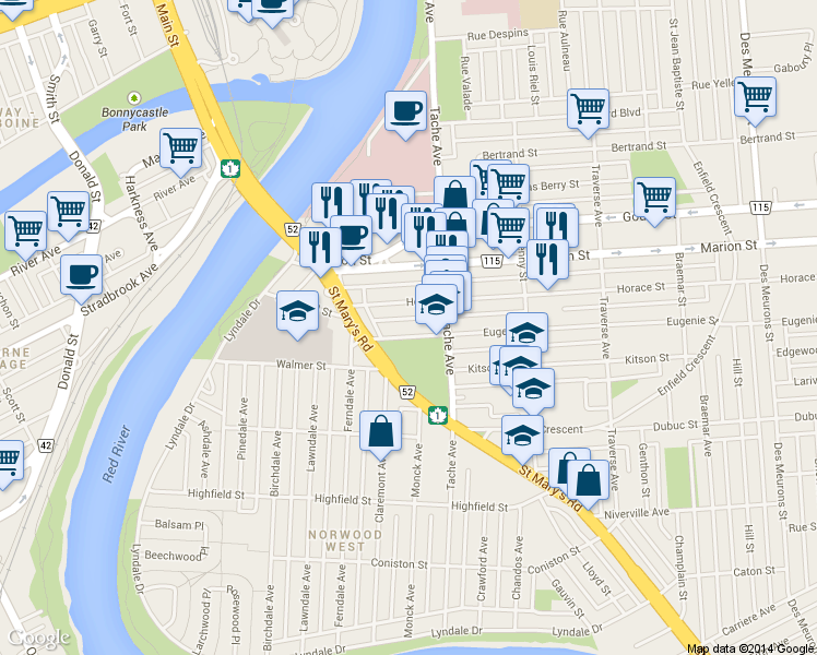 map of restaurants, bars, coffee shops, grocery stores, and more near 93 Eugenie Street in Winnipeg