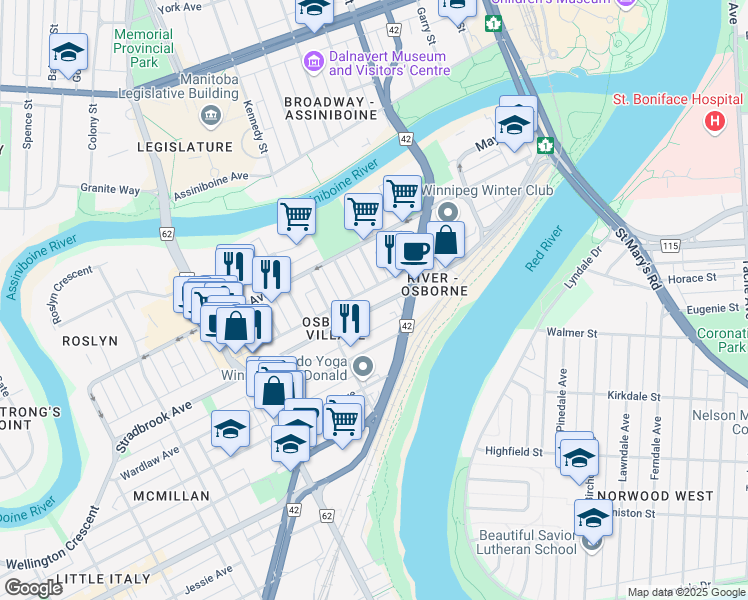 map of restaurants, bars, coffee shops, grocery stores, and more near in Winnipeg