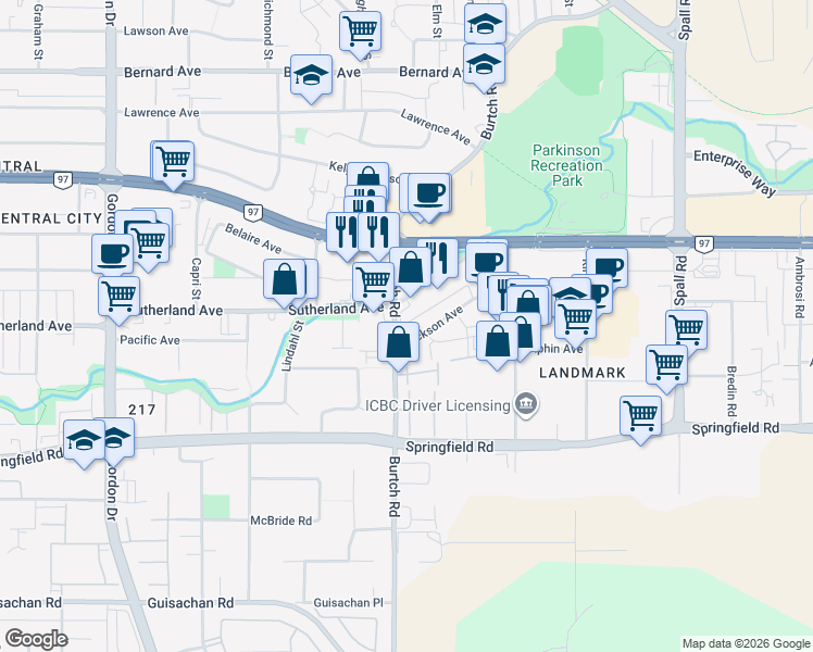 map of restaurants, bars, coffee shops, grocery stores, and more near 1923 Burtch Road in Kelowna