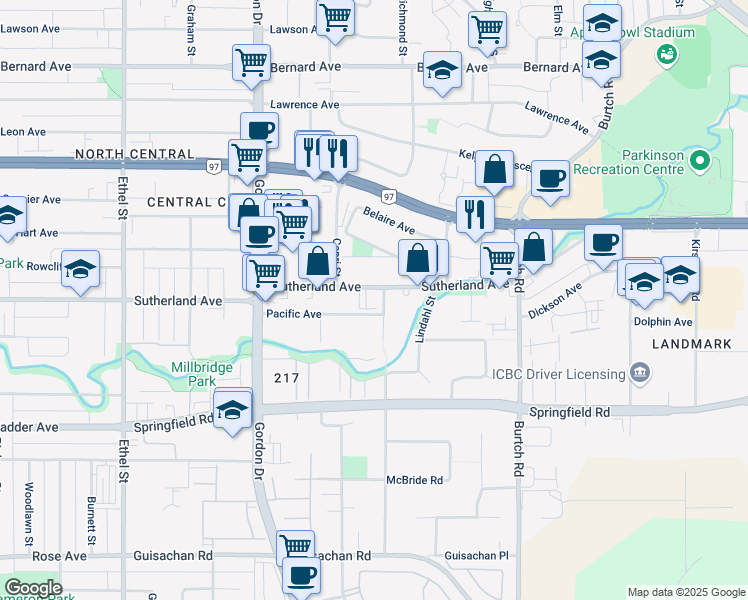 map of restaurants, bars, coffee shops, grocery stores, and more near 1912 Pacific Court in Kelowna