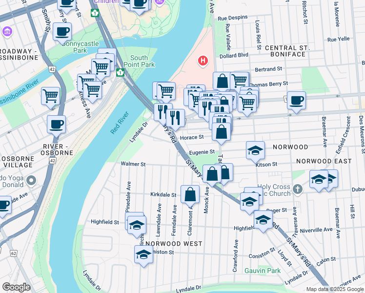 map of restaurants, bars, coffee shops, grocery stores, and more near 33 Saint Mary's Road in Winnipeg