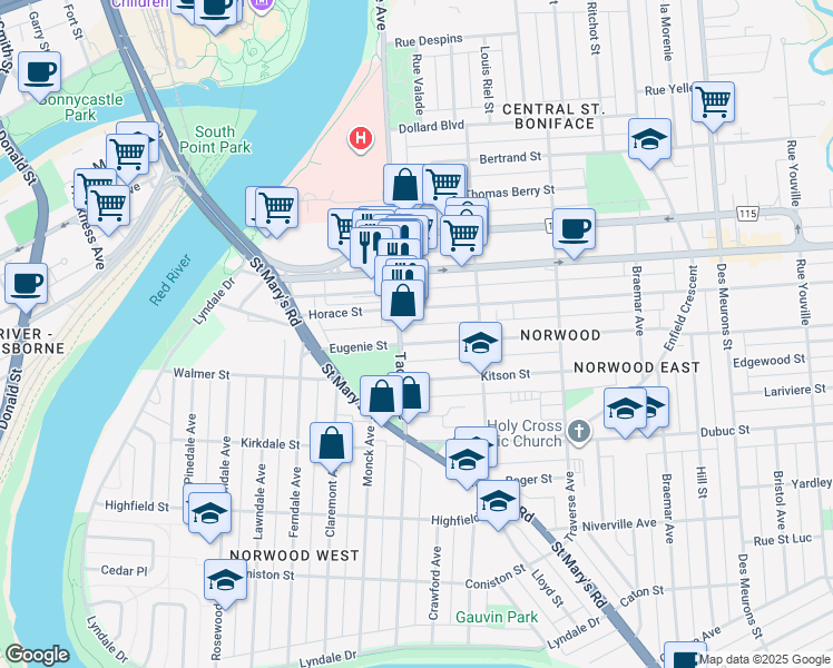 map of restaurants, bars, coffee shops, grocery stores, and more near 135 Eugenie Street in Winnipeg