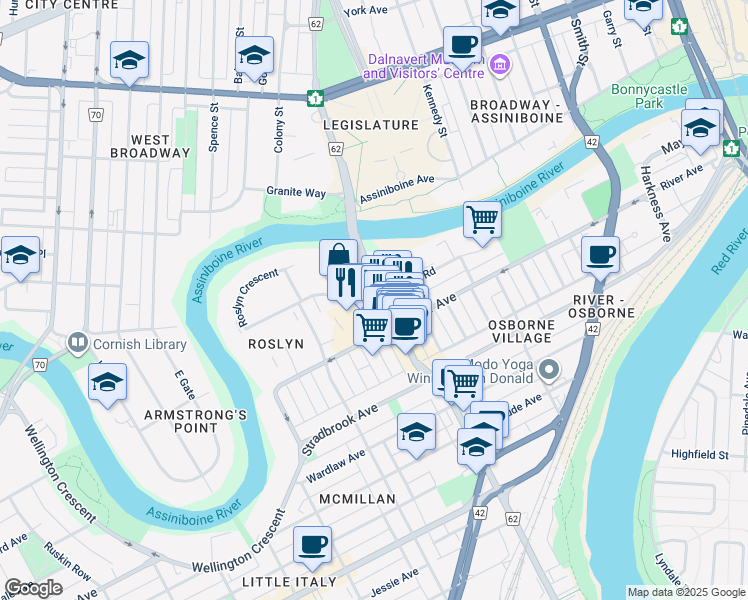 map of restaurants, bars, coffee shops, grocery stores, and more near 57 Osborne Street in Winnipeg