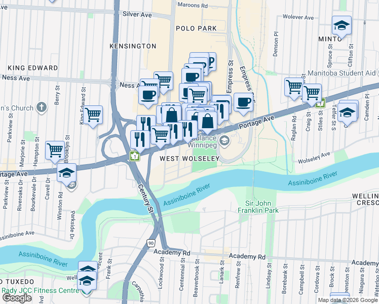 map of restaurants, bars, coffee shops, grocery stores, and more near 532 Tylehurst Street in Winnipeg