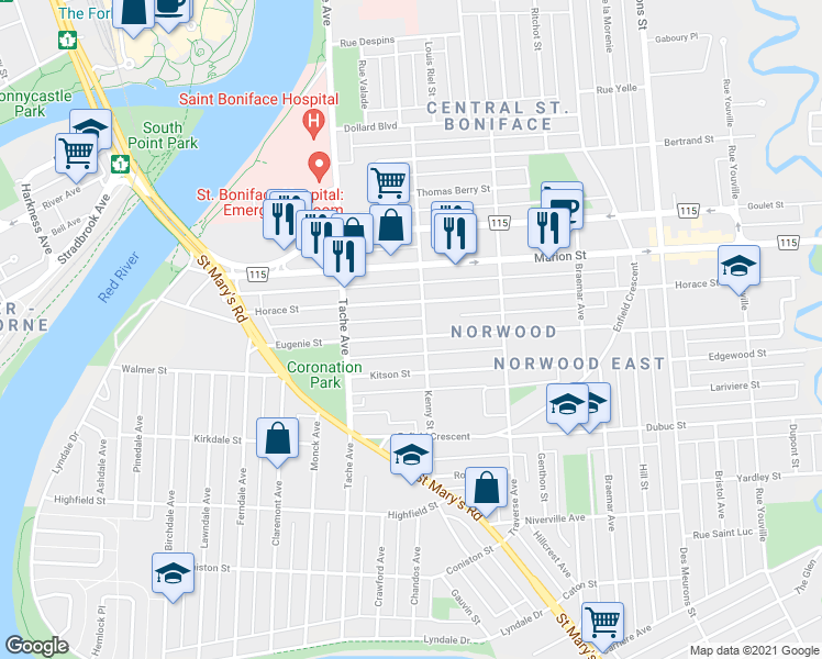 map of restaurants, bars, coffee shops, grocery stores, and more near 176 Eugenie Street in Winnipeg