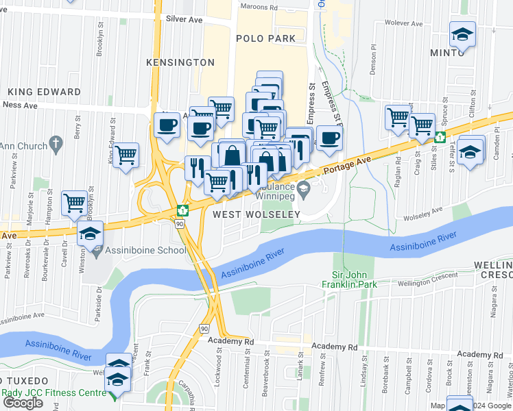map of restaurants, bars, coffee shops, grocery stores, and more near 535 Richmond Street in Winnipeg