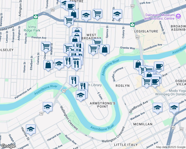 map of restaurants, bars, coffee shops, grocery stores, and more near 630 Westminster Avenue in Winnipeg